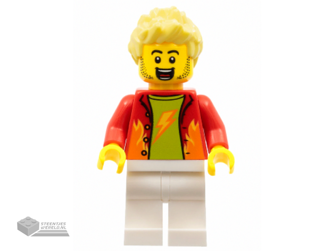 cty1325 - Stuntz Announcer, Spiky Bright Light Yellow Hair, White Legs, Red Jacket over Lime Shirt