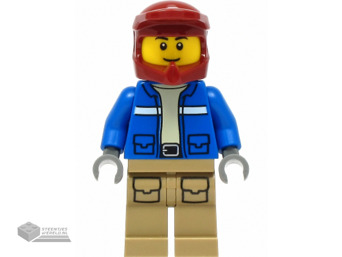 cty1295 - Wildlife Rescue Explorer - Male, Blue Jacket, Dark Red Helmet, Dark Tan Legs met Pockets, Thin Grin