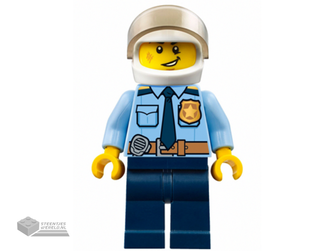 cty0772 - Police - City Officer Shirt met Dark Blue Tie en Gold Badge, Dark Tan Belt met Radio, Dark Blue Legs, White Helmet