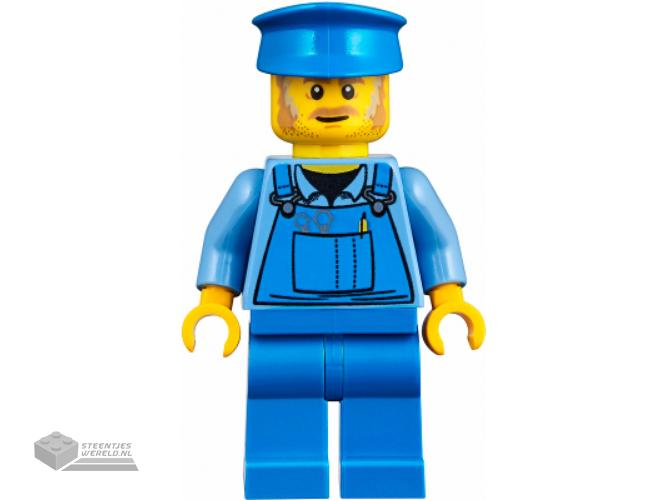 twn361 - Mechanic Male met Blue Hat, Dark Tan Moustache en Sideburns, Medium Blue Shirt, en Blue Overalls, zonder achterkant Print