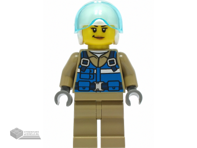 cty1307 - Wildlife Rescue Pilot - Female, Blue Vest, White Helmet, Dark Tan Legs, Smirk