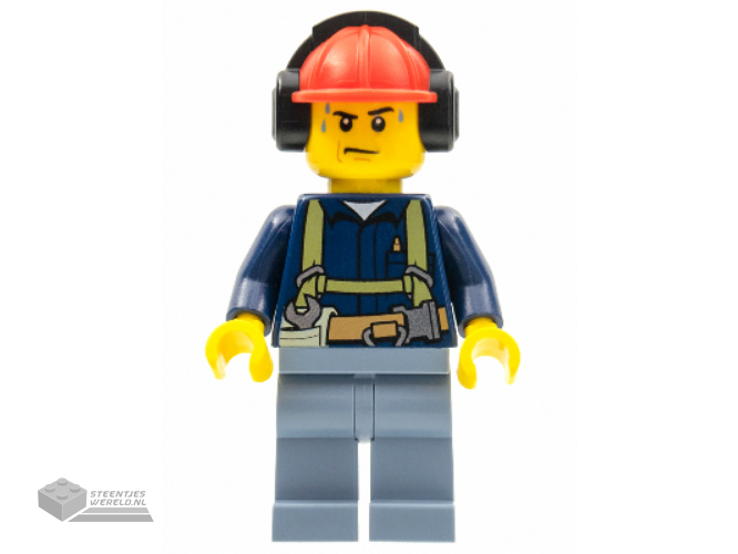 cty0541 - Construction Worker - Shirt met Harness en Wrench, Sand Blue Legs, Red Construction Helmet met Headphones, Sweat Drops