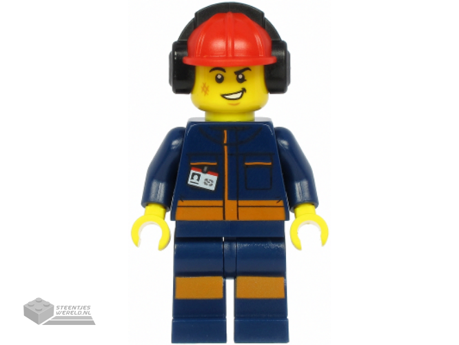 cty1183 – Airport Flagman – Male, Red Helmet met Earmuffs, Dark Blue Jumpsuit met Orange Stripes