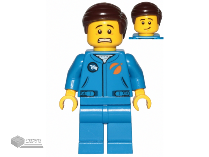 cty1041 - Astronaut - Male, Blue Jumpsuit, Dark Brown Hair Short Combed Sideways Part Left, Scared en Lopsided Smile
