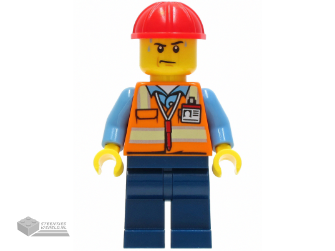 cty1281 - Construction Worker - Orange Safety Vest met Reflective Stripes, Dark Blue Legs, Red Construction Helmet