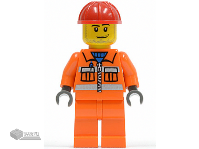 cty0113 - Construction Worker - Orange Zipper, Safety Stripes, Orange Arms, Orange Legs, Red Construction Helmet, Smirk en Stubble Beard