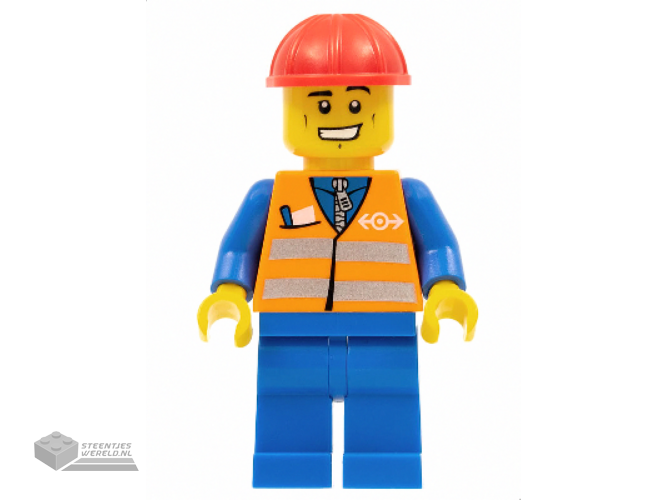 trn232 - Orange Vest met Safety Stripes - Blue Legs, Cheek Lines en Wide Grin, Red Construction Helmet