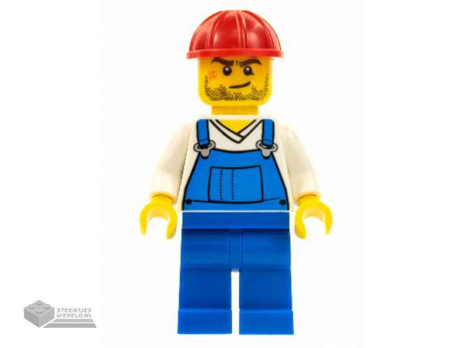 cty0555 - Overalls Blue over V-Neck Shirt, Blue Legs, Red Construction Helmet, Crooked Smile en Scar