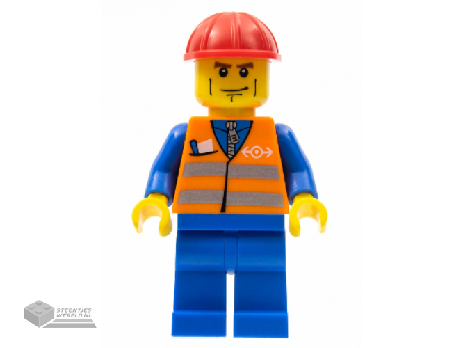 trn231 - Orange Vest met Safety Stripes - Blue Legs, Brown wenkbrauwen en Cheek Lines, Red Construction Helmet