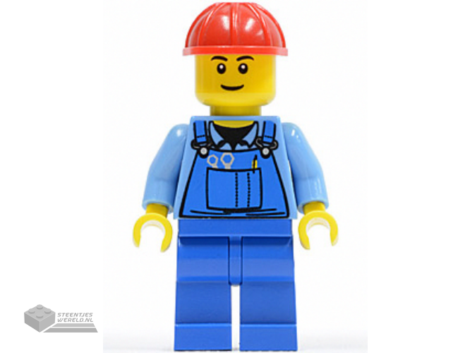 cty0291 - Overalls with Tools in Pocket Blue, Red Construction Helmet, Black Eyebrows, Thin Grin