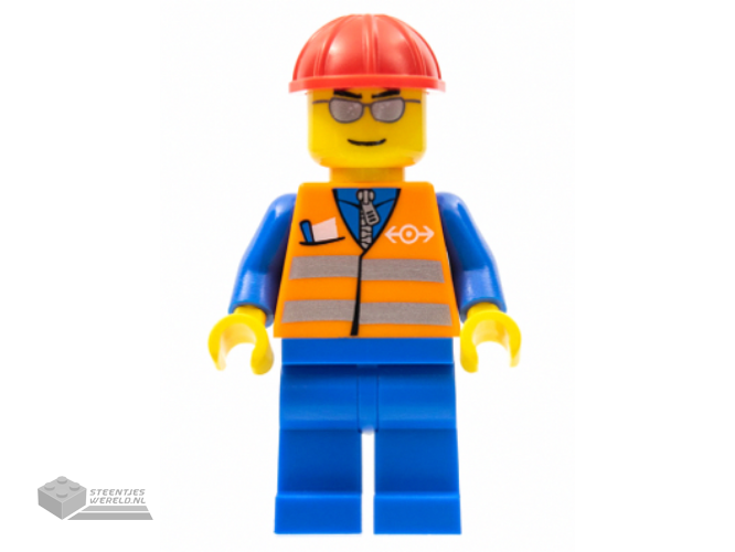 trn225 - Orange Vest met Safety Stripes - Blue Legs, Silver Glasses, Red Construction Helmet
