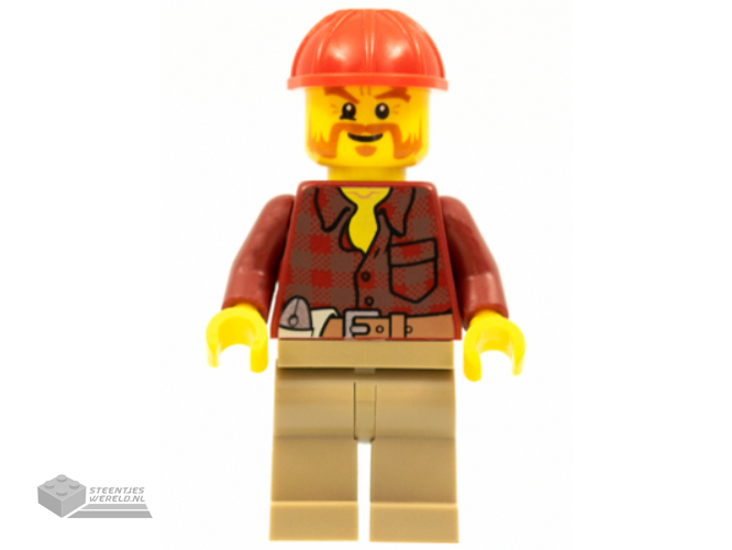 cty0467 - Flannel Shirt met Pocket en Belt, Dark Tan Legs, Red Construction Helmet, Beard