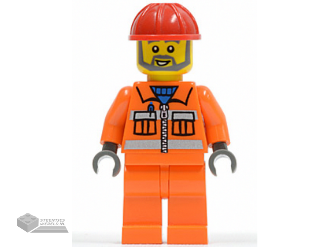 con008 - Construction Worker - Orange Zipper, Safety Stripes, Orange Arms, Orange Legs, Red Construction Helmet, Gray Angular Beard