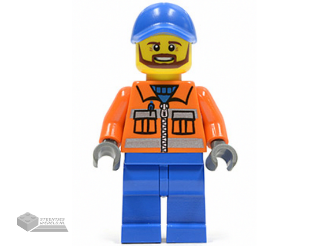 twn231 - Construction Worker - Orange Zipper, Safety Stripes, Orange Arms, Blue Legs, Blue Cap met Hole