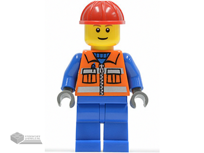 cty0009 - Construction Worker - Orange Zipper, Safety Stripes, Blue Arms, Blue Legs, Red Construction Helmet