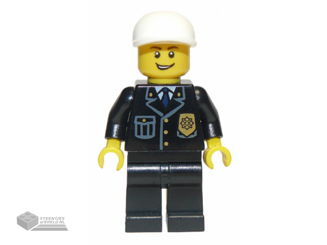 cty0210 - Police - City Suit met Blue Tie en Badge, Black Legs, White Short Bill Cap, Open Grin