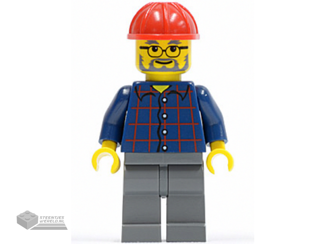 cty0126 - Plaid Button Shirt, Dark Bluish Gray Legs, Red Construction Helmet, Glasses, Gray Beard