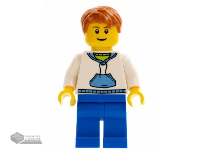 twn099 - White Hoodie with Blue Pockets, Blue Legs, Dark Orange Short Tousled Hair