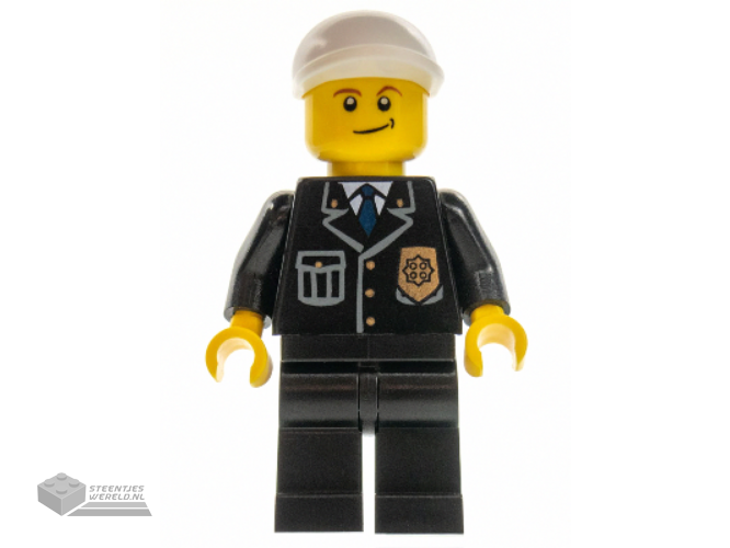 cty0199 - Police - City Suit with Blue Tie and Badge, Black Legs, White Short Bill Cap, Crooked Smile