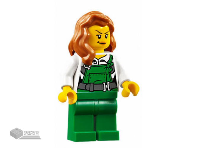 cty0745 - Police - City Bandit Female met Green Overalls, Dark Orange Female Hair over Shoulder, Peach Lips Smirk