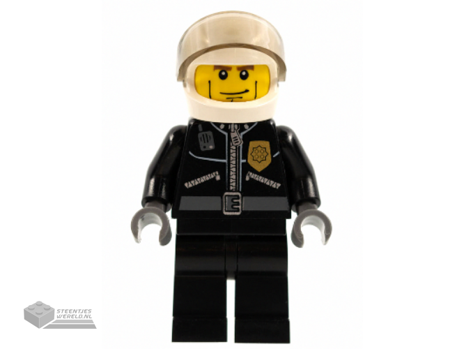 cty0230 - Police - City Leather Jacket met Gold Badge en 'POLICE' on Back, White Helmet, Trans-Black Visor, Cheek Lines