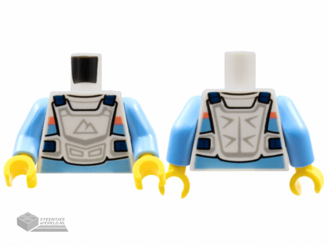 973pb4471c01 – Torso Race Suit, Bright Light Blue en Coral Stripes, White Chest Protector, Sport Mountains Logo Pattern / Medium Blue Arms / Yellow Hands