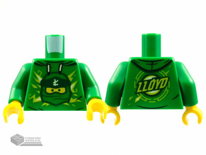 973pb3970c01 - Torso Hoodie met Ninjago Lloyd's Head, Logogram 'L' en Name on Back Pattern / Green Arms / Yellow Hands