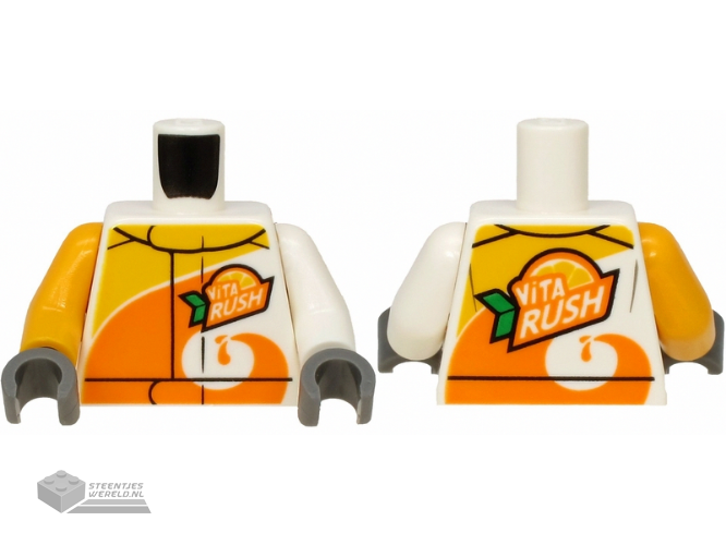 973pb3407c01 – Torso Jacket met Orange Spiral, ‘ViTA RUSH’ Logo Pattern on Front en Back / White Arm Left / Bright Light Orange Arm Right / Dark Bluish Gray Hands