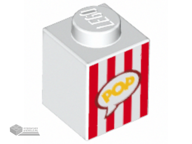 3005pb028 – Brick 1 x 1 with Red Vertical Stripes and Yellow ‘POP’ in Speech Bubble (Popcorn Box) Pattern