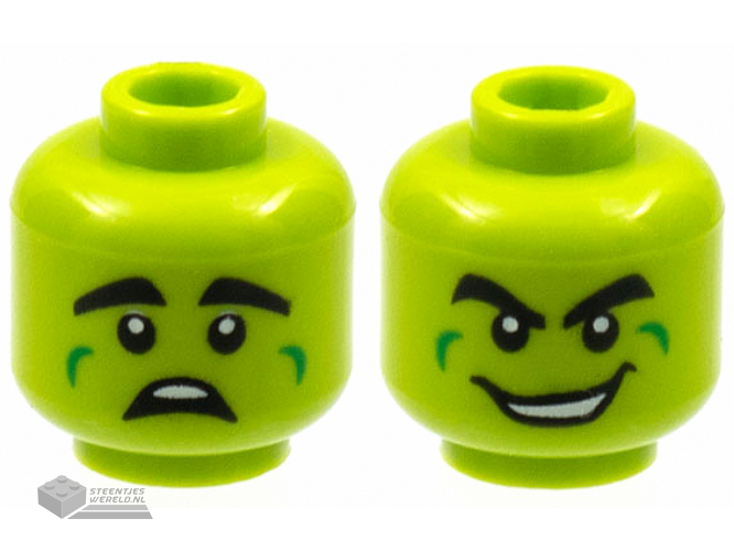 3626cpb2976 – Minifigure, Head Dual Sided Alien, Thick Black Eyebrows, Green Cheek Dimples, Scared / Wide Grin with Teeth Pattern – Hollow Stud