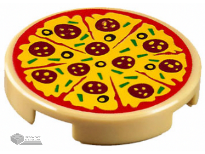 14769pb160 – Tile, Round 2 x 2 with Bottom Stud Holder with Sliced Pizza with Red Tomato Sauce, Yellow Cheese, Dark Red Pepperoni, Black Olives, and Green Bell Peppers Pattern