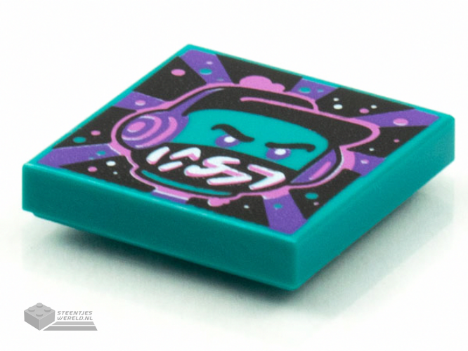 3068bpb1586 – Tile 2 x 2 with Groove with BeatBit Album Cover – Dark Turquoise Minifigure, Black Hat and Dark Purple Headphones Pattern