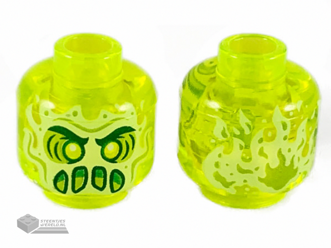 3626cpb2435 – Minifigure, Head Alien Ghost with Yellowish Green Face, Slime Mouth and Flames in Back Pattern – Hollow Stud