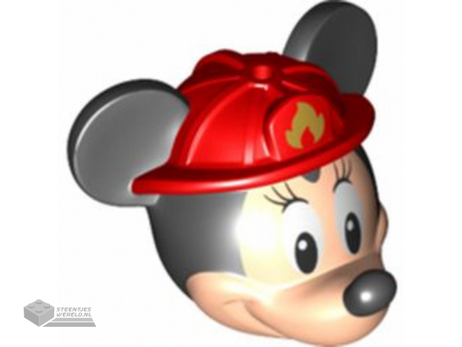 24629c01pb02 – Minifigure, Head, Modified Mouse with Black Ears and Nose and White Eyes with Eyelashes and Red Fire Helmet with Gold Fire Logo Pattern (Minnie)