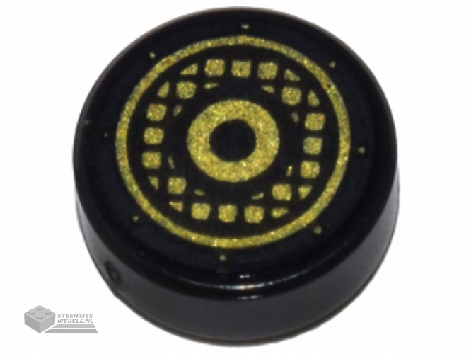 98138pb064 – Tile, Round 1 x 1 with Gold Concentric Circles and Speaker Grille Pattern