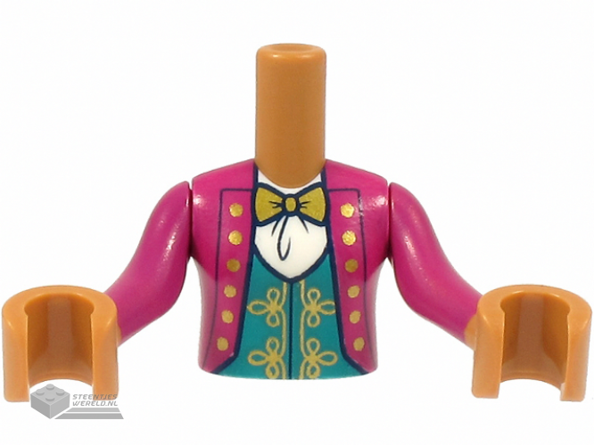 FTGpb325c01 – Torso Mini Doll Girl Magenta Jacket with Gold Buttons and Bow Tie, Dark Turquoise Vest Pattern, Medium Nougat Arms with Hands with Magenta Sleeves