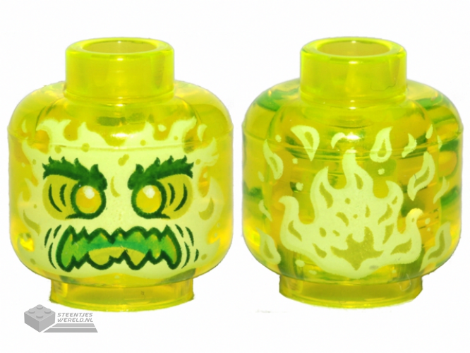 3626cpb2449 - Minifigure, Head Alien Ghost with Yellowish Green Face, Bushy Eyebrows, Angry and Flames in Back Pattern - Hollow Stud