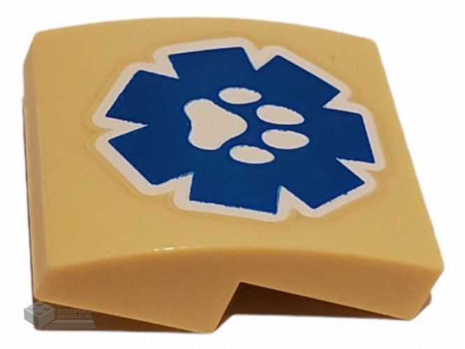 15068pb362 – Slope, Curved 2 x 2 x 2/3 with White Paw Print on Blue Wildlife Rescue Logo Pattern