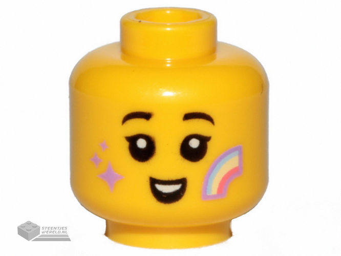 3626cpb2579 – Minifigure, Head Child Black Eyebrows, Smile, Rainbow and Lavender Stars on Cheeks Pattern – Hollow Stud