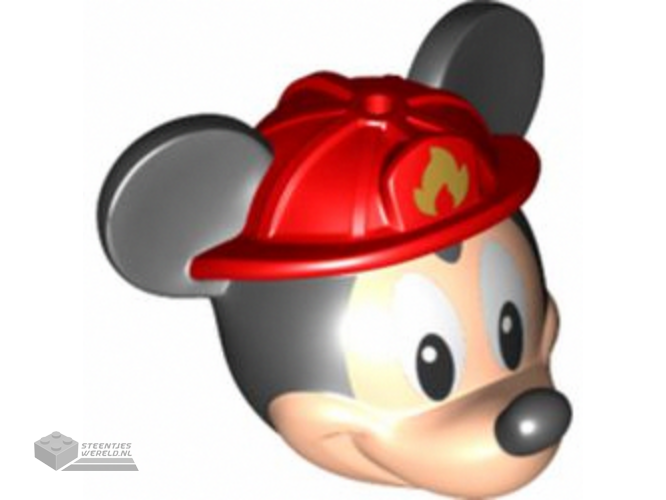 24629c01pb01 – Minifigure, Head, Modified Mouse with Black Ears and Nose and White Eyes and Red Fire Helmet with Gold Fire Logo Pattern (Mickey)