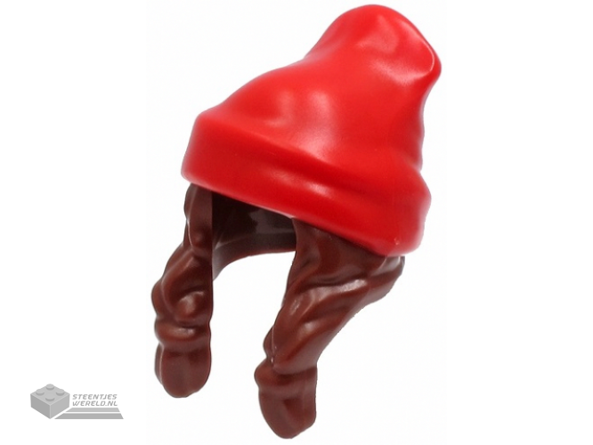 52686pb03 - Minifigure, Hair Combo, Hair with Hat, 2 Braids over Shoulders with Red Beanie Pattern