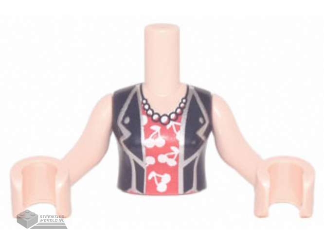 FTWpb347c01 – Torso Mini Doll Woman Black Vest over Red Shirt with Cherries, Long Necklace Pattern, Light Nougat Arms with Hands