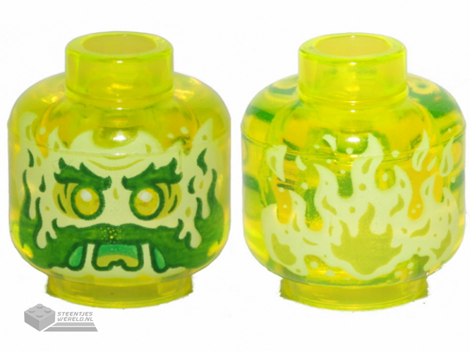3626cpb2453 – Minifigure, Head Alien Ghost with Yellowish Green Face, Beard, Sideburns, Slime Mouth and Flames in Back Pattern – Hollow Stud