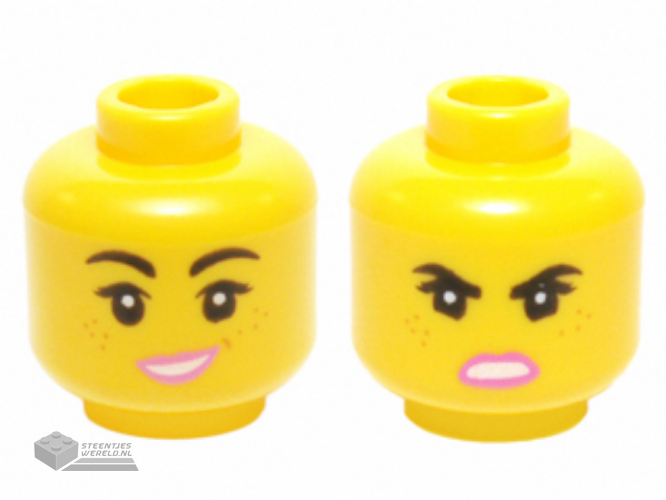 3626cpb1358 – Minifigure, Head Dual Sided Female Black Eyebrows, Freckles, Eyelashes, Pink Lips, Open Mouth Smile / Angry Pattern (Wyldstyle) – Hollow Stud