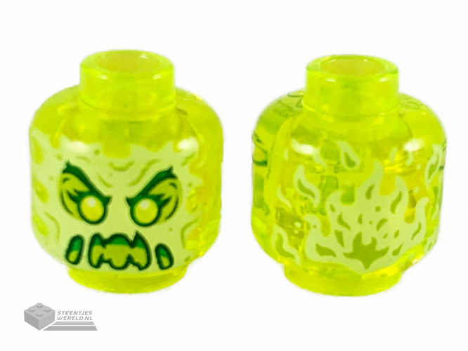 3626cpb2451 – Minifigure, Head Alien Ghost with Yellowish Green Face, Slime Mouth, Raised Eyebrows and Flames in Back Pattern – Hollow Stud