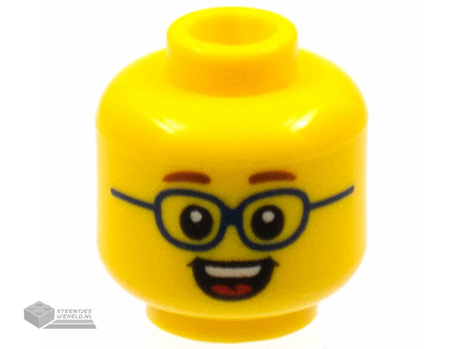 3626cpb2149 - Minifigure, Head Reddish Brown Eyebrows, Dark Blue Glasses, Open Smile Showing Teeth and Tongue Pattern - Hollow Stud