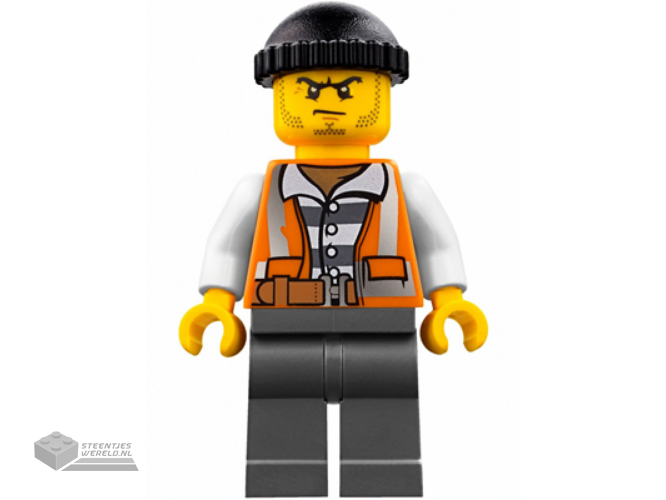 cty0779 - Police - City Bandit Crook Orange Vest, Dark Bluish Gray Legs, Black Knit Cap, Beard Stubble and Scowl
