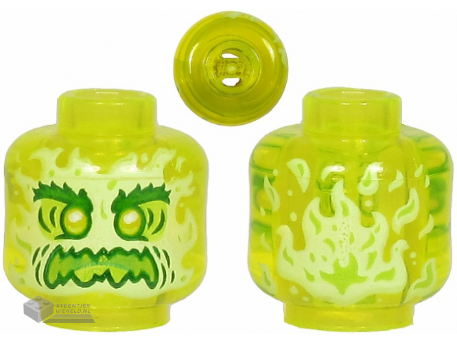 28621pb0003 - Minifigure, Head Alien Ghost with Yellowish Green Face, Bushy Eyebrows, Angry and Flames in Back Pattern - Vented Stud