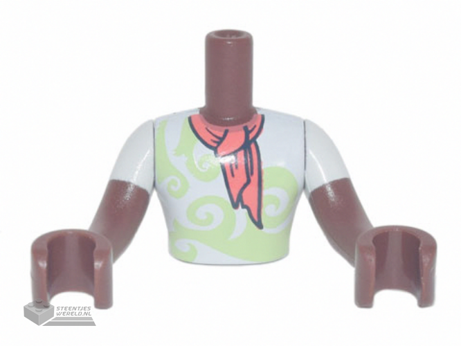 FTMpb066c01 – Torso Mini Doll Man White Shirt with Lime Swirls, Coral Scarf Pattern, Reddish Brown Arms with Hands with White Short Sleeves