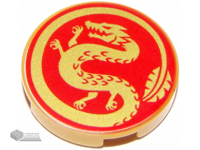14769pb319 – Tile, Round 2 x 2 with Bottom Stud Holder with Gold Dragon on Red Background Pattern